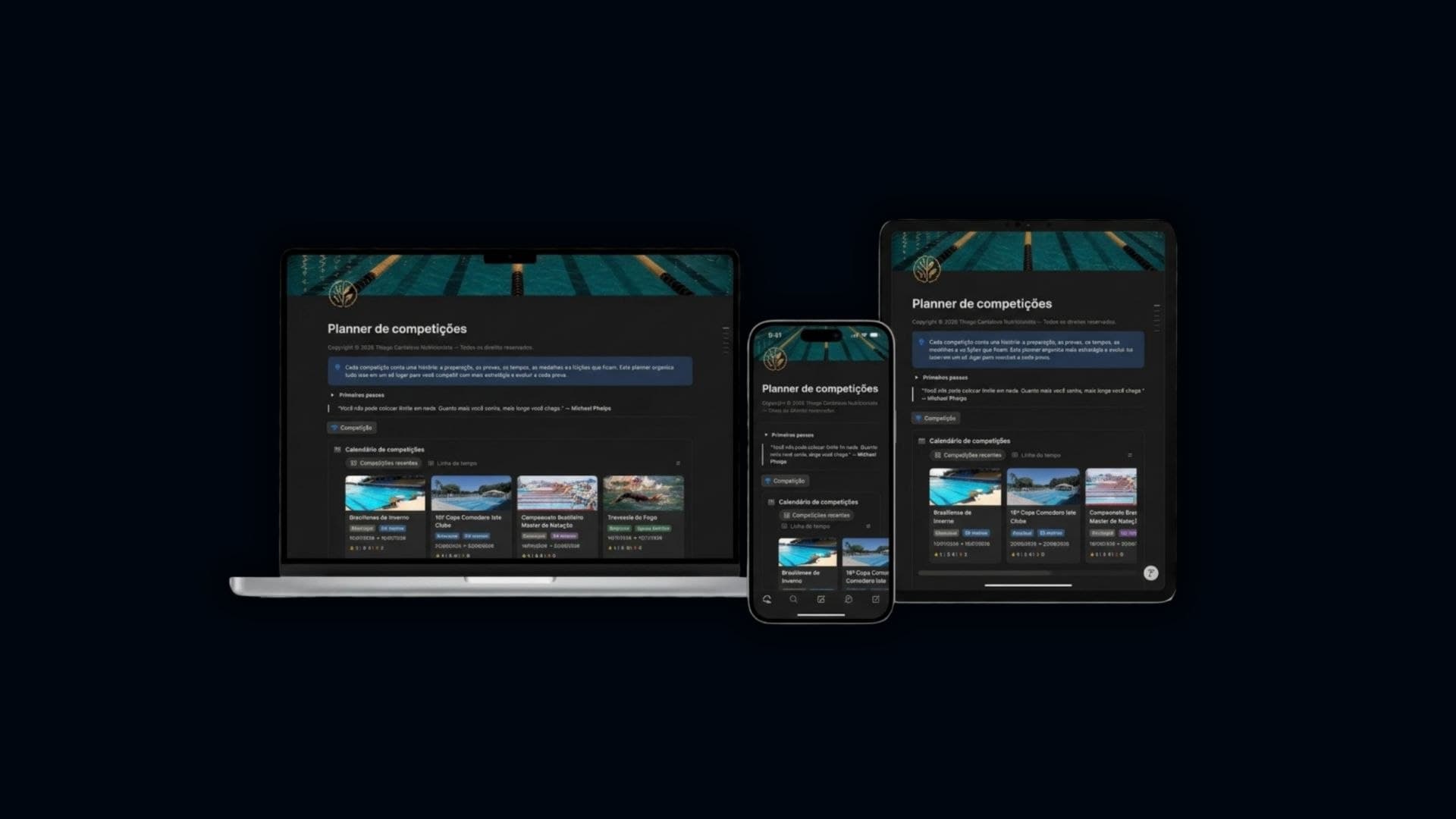 Planner de Competições de Natação aberto no notebook, tablet e celular