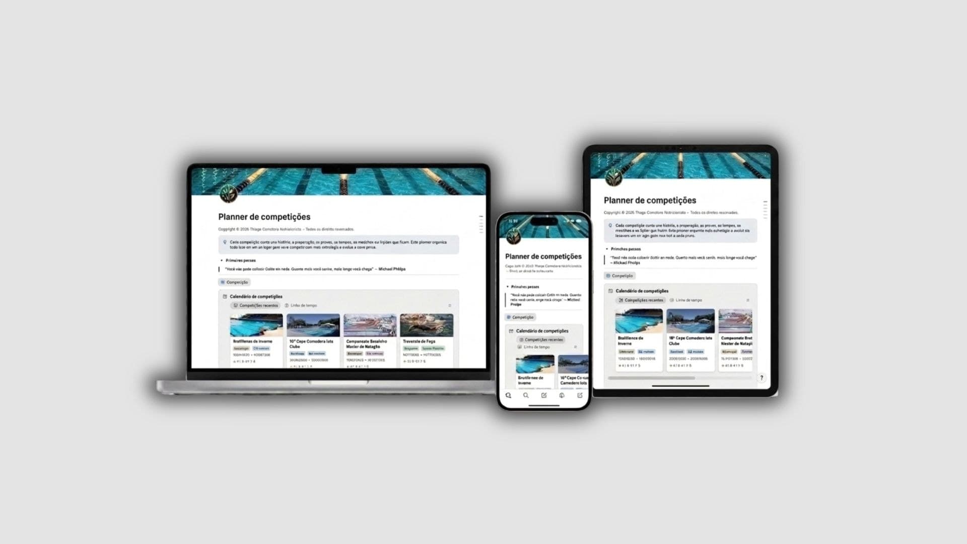 Planner de Competições de Natação aberto no notebook, tablet e celular